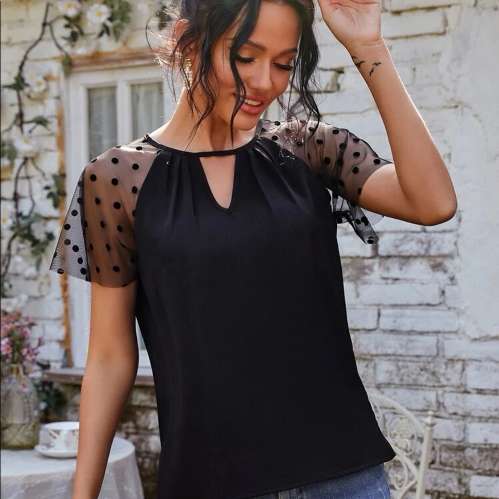 SHEIN - Dobby Mesh Polkadot Sleeve Keyhole Neck Blouse